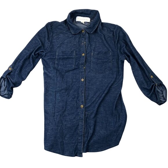 French Laundry Womens Shirt Medium Button Up Denim Roll-Tab Sleeves Casual Y2K - Picture 1 of 8